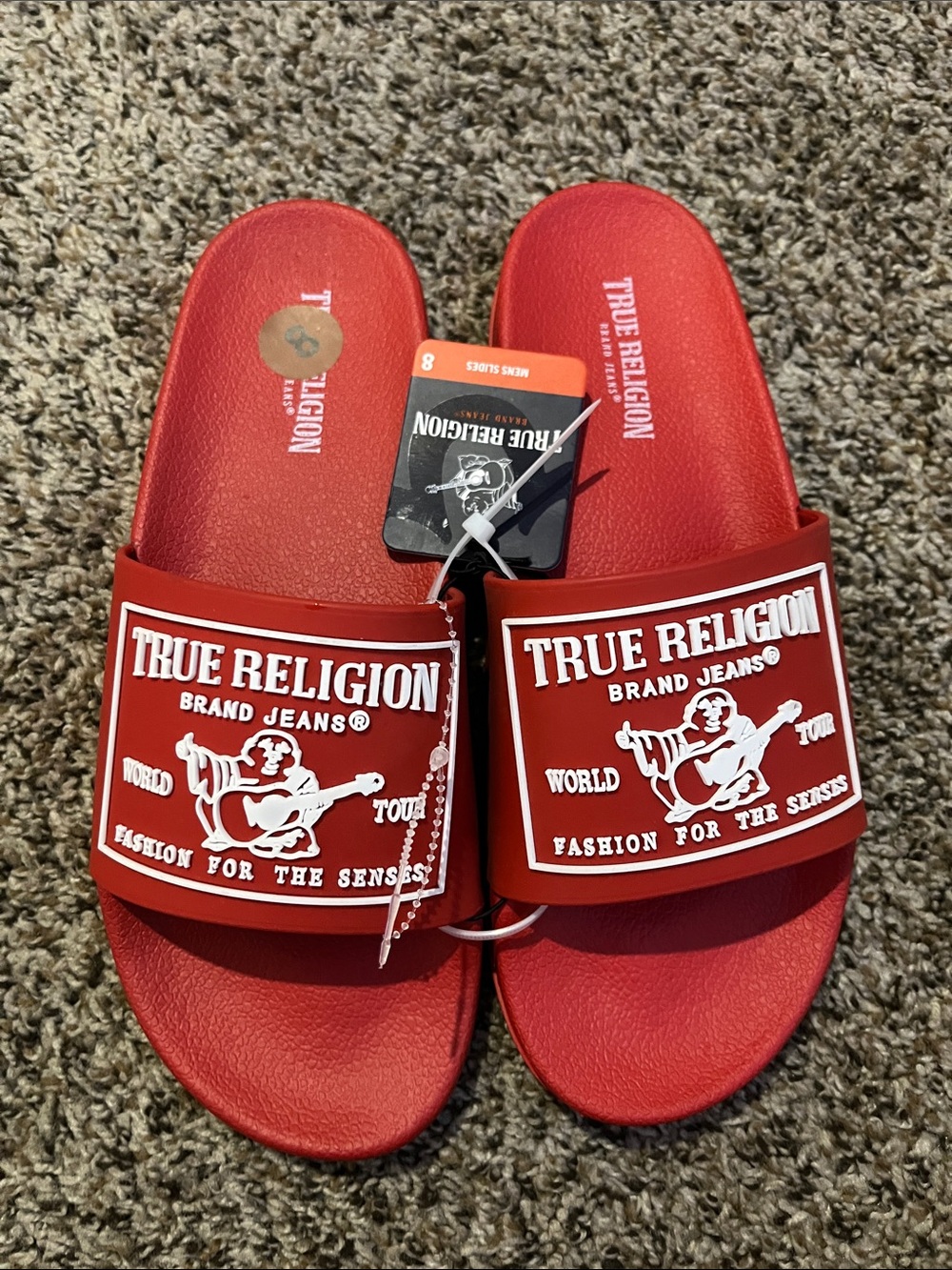 True Religion Red Slide Sandals with White Logo